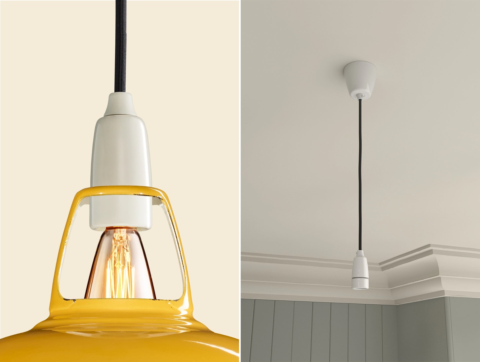 Close up of an E14 Porcelain suspension set on a Deep Yellow lampshade on the left. On the right, an E14 Porcelain pendant set is hanging from the ceiling