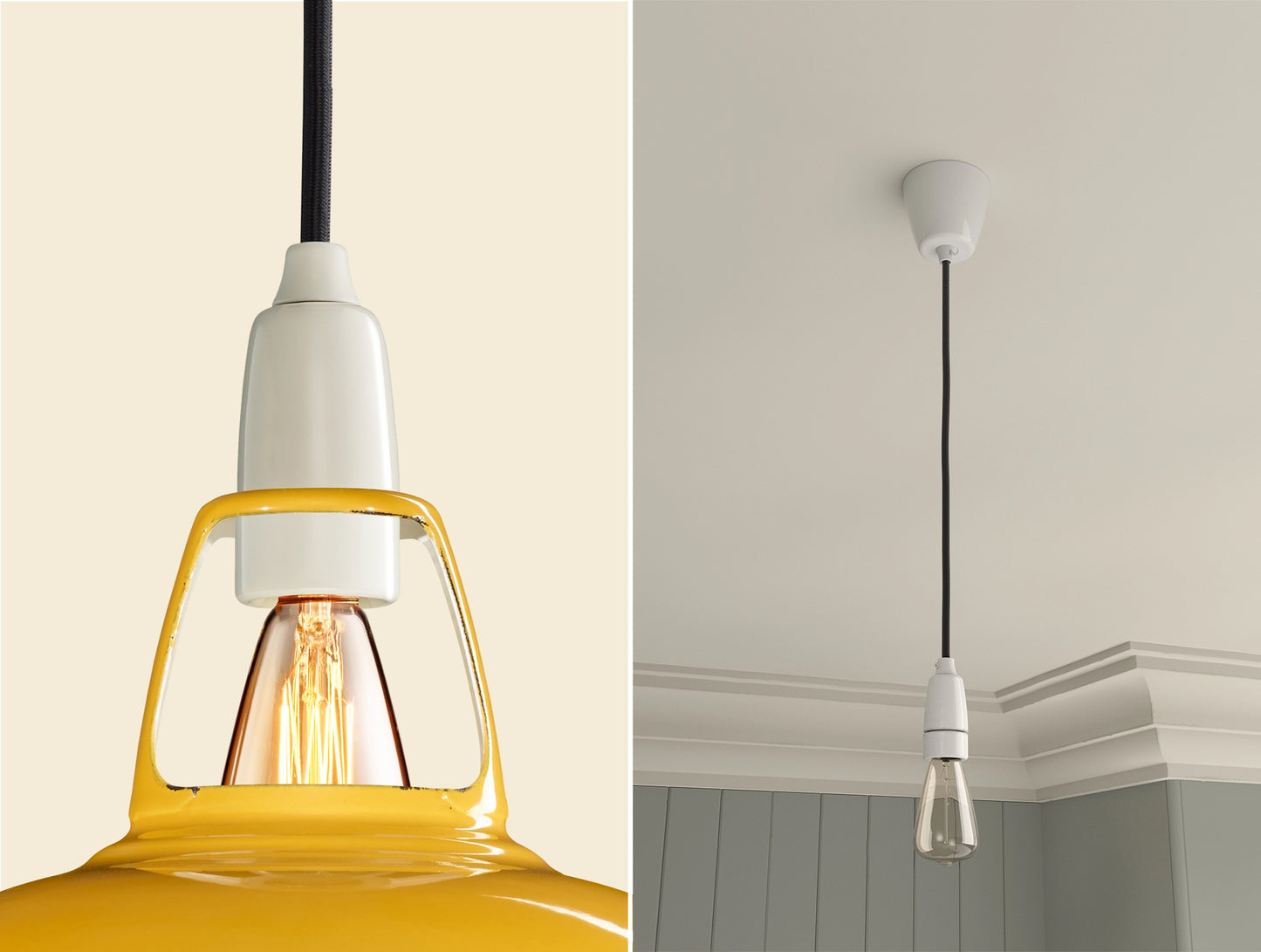 Close up of an E14 Porcelain suspension set on a Deep Yellow lampshade on the left. On the right, an E14 Porcelain pendant set with a lightbulb is hanging from the ceiling