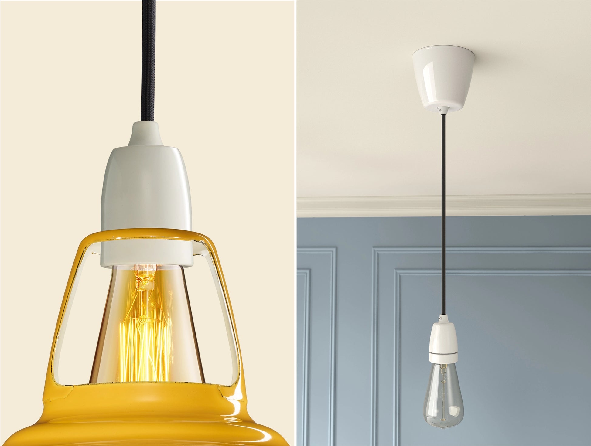 Close up of an E27 Porcelain suspension set on a Deep Yellow lampshade on the left. On the right, an E27 Porcelain pendant set with a lightbulb is hanging from the ceiling