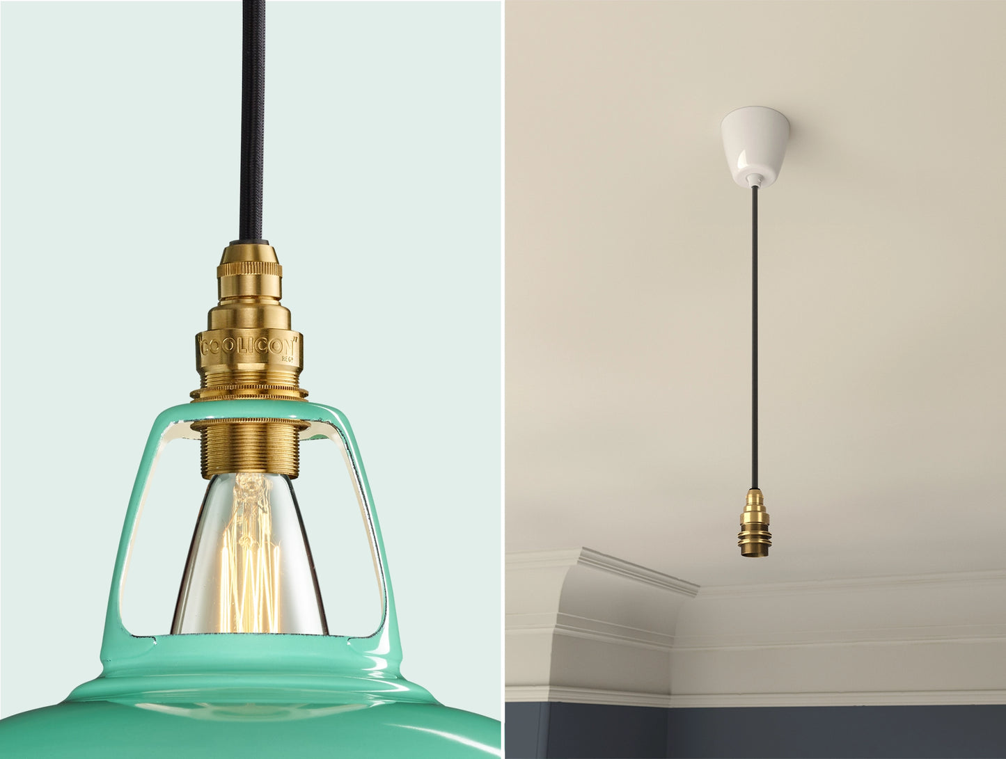 Close up of an E14 Signature Brass suspension set on a Fresh Teal lampshade on the left. On the right, an E14 Brass pendant set is hanging from the ceiling