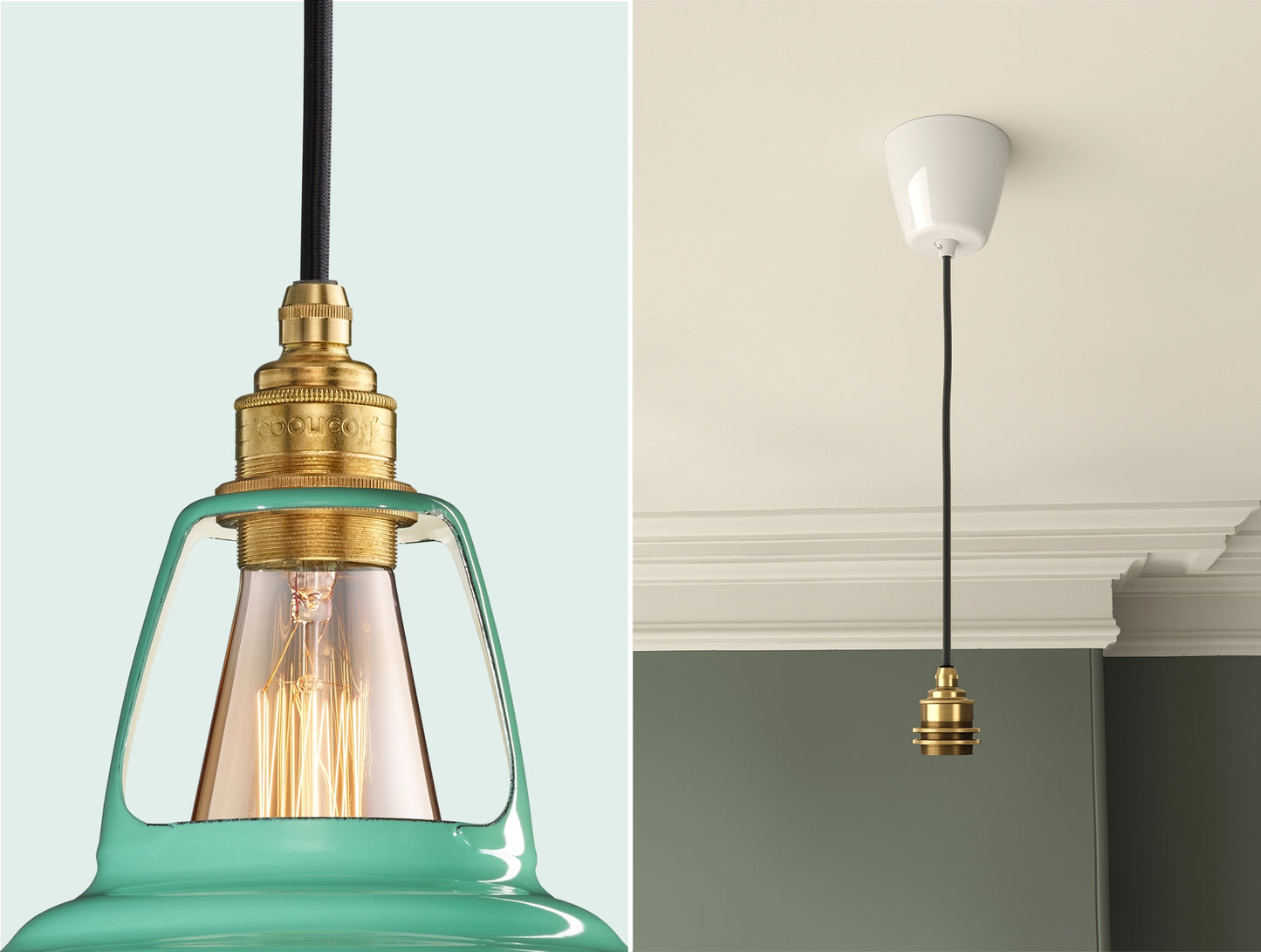 Close up of an E27 Signature Brass suspension set on a Fresh Teal lampshade on the left. On the right, an E27 Brass pendant set is hanging from the ceiling