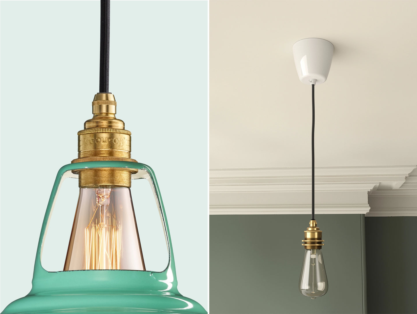 Close up of an E27 Signature Brass suspension set on a Fresh Teal lampshade on the left. On the right, an E27 Brass pendant set with a lightbulb is hanging from the ceiling