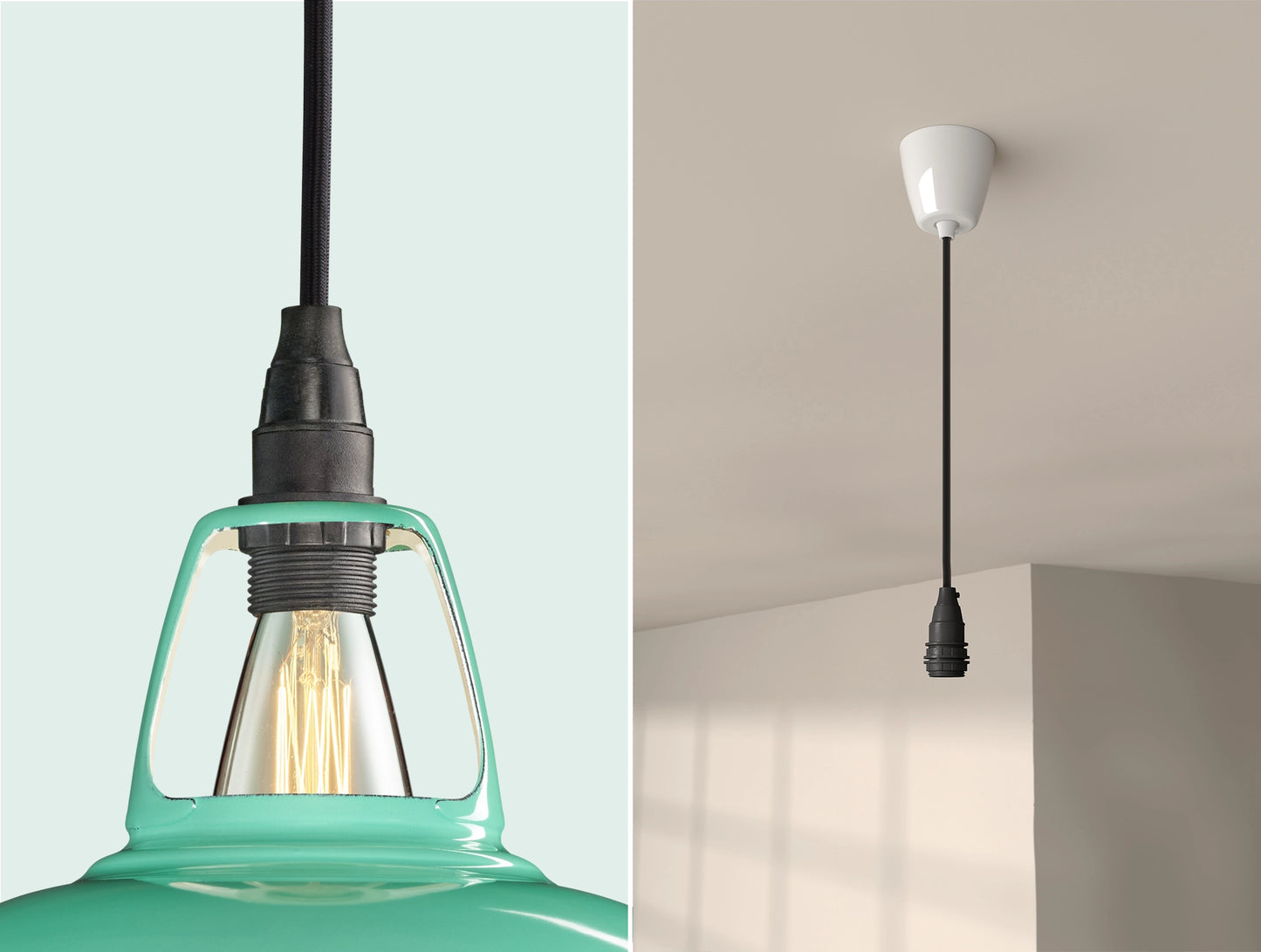 Close up of an E14 Industrial suspension set on a Fresh Teal lampshade on the left. On the right, an E14 Industrial pendant set is hanging from the ceiling
