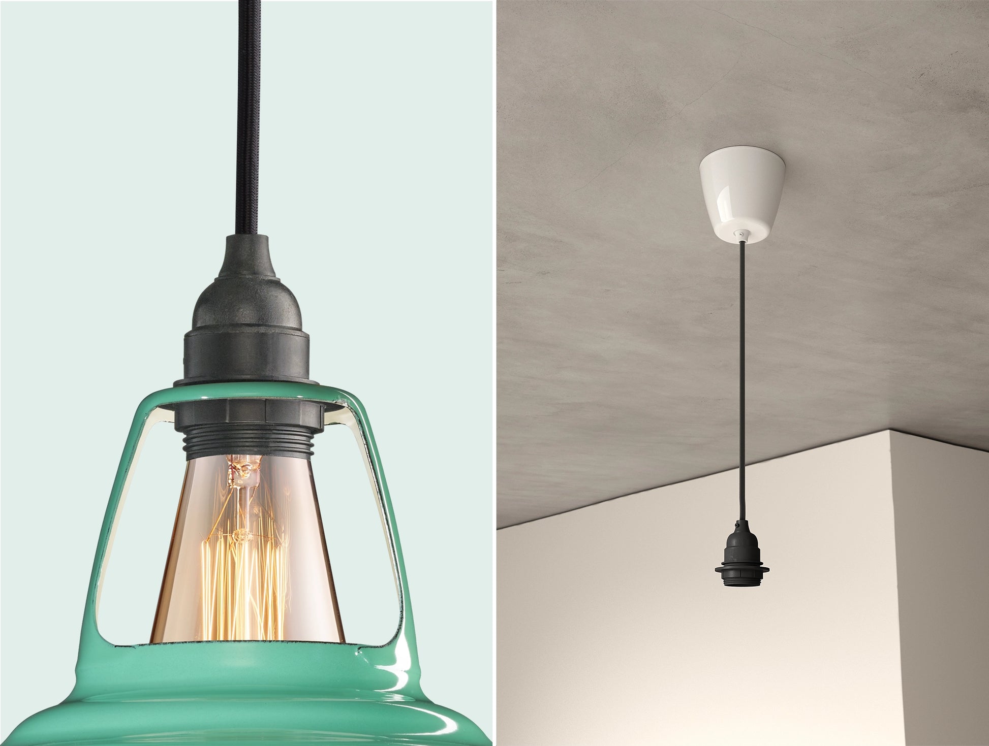 Close up of an E27 Industrial suspension set on a Fresh Teal lampshade on the left. On the right, an E27 Industrial pendant set is hanging from the ceiling