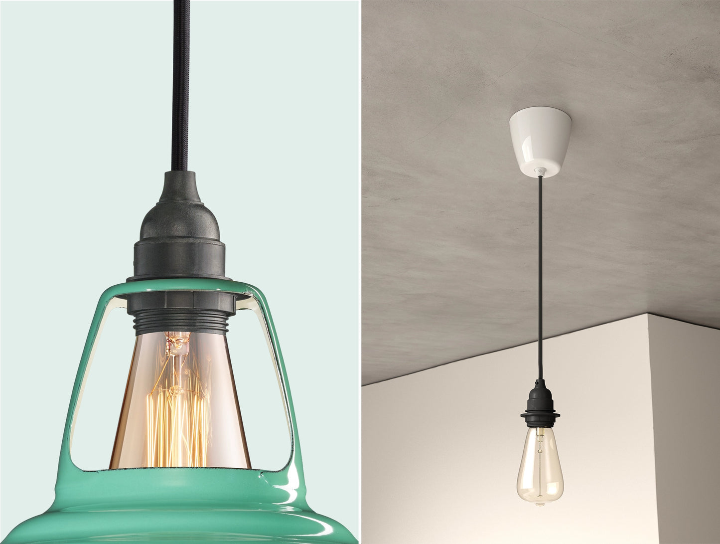 Close up of an E27 Industrial suspension set on a Fresh Teal lampshade on the left. On the right, an E27 Industrial pendant set with a lightbulb is hanging from the ceiling