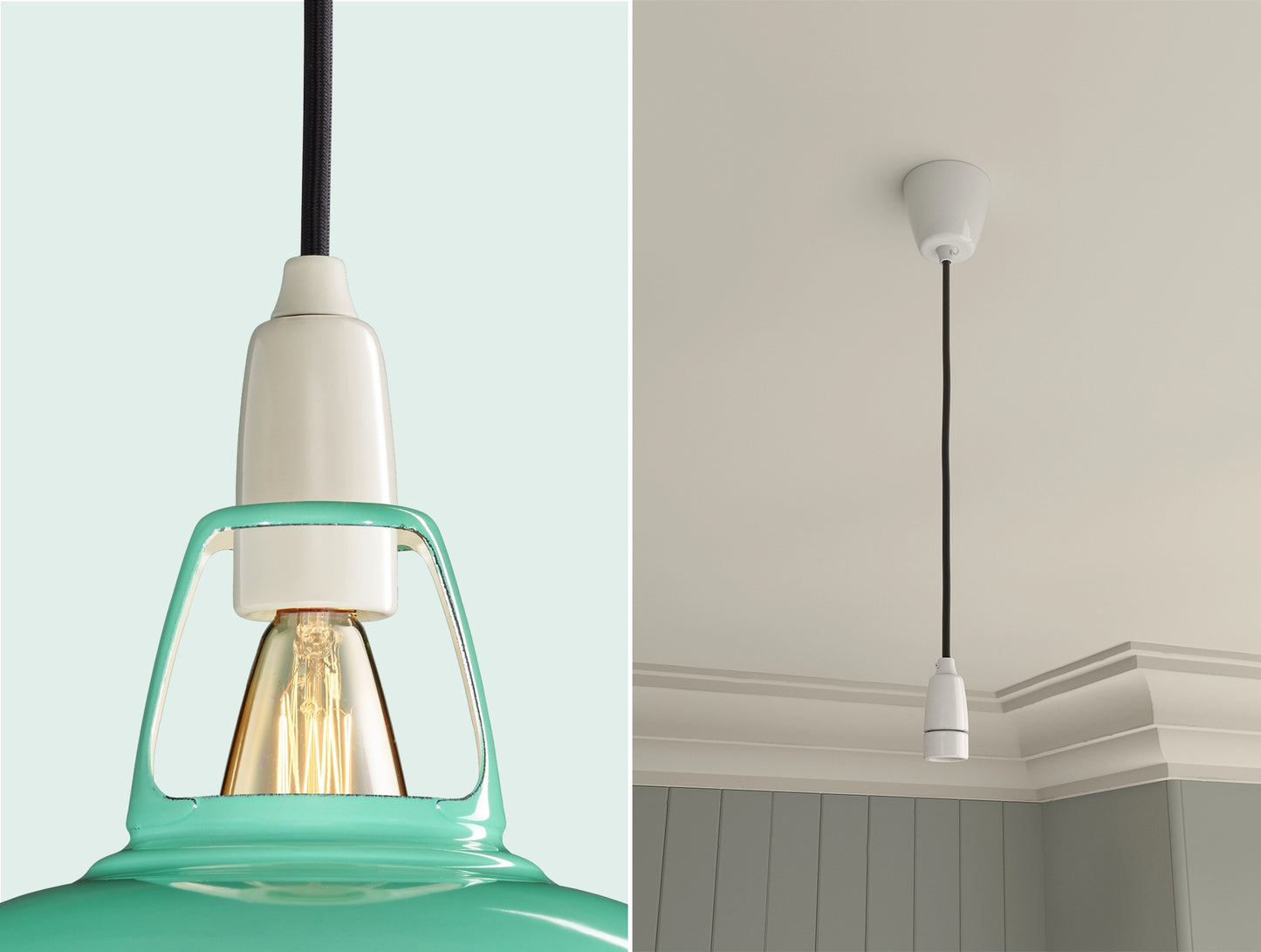 Close up of an E14 Porcelain suspension set on a Fresh Teal lampshade on the left. On the right, an E14 Porcelain pendant set is hanging from the ceiling