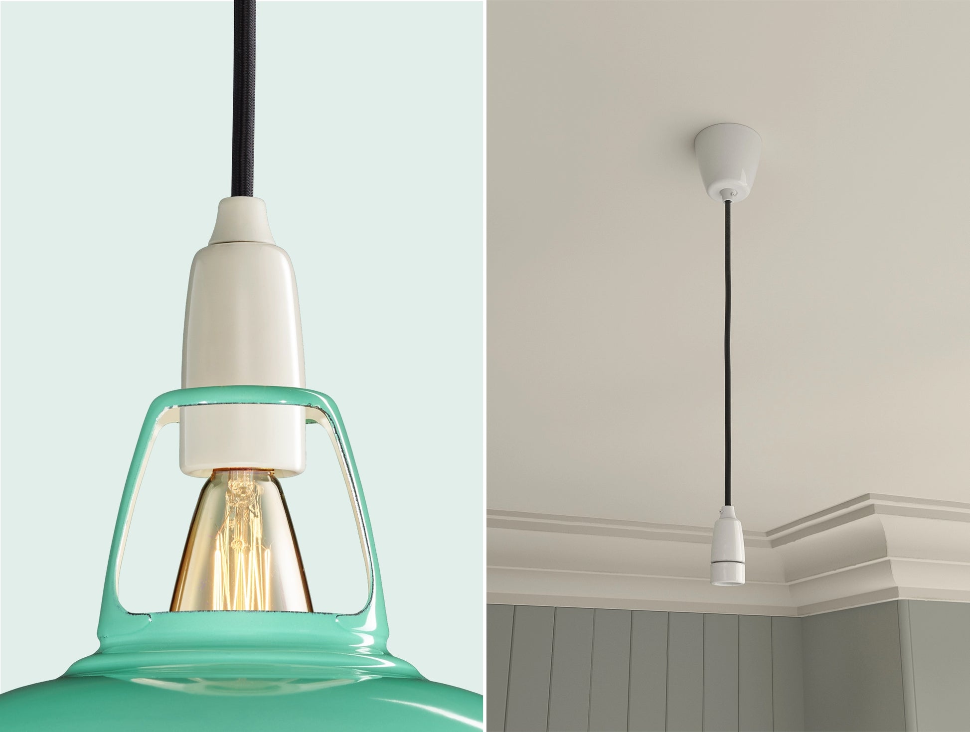 Close up of an E14 Porcelain suspension set on a Fresh Teal lampshade on the left. On the right, an E14 Porcelain pendant set is hanging from the ceiling