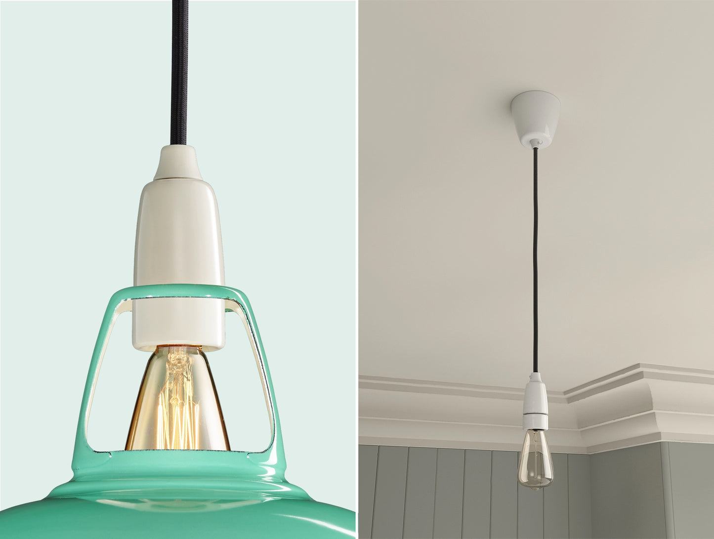 Close up of an E14 Porcelain suspension set on a Fresh Teal lampshade on the left. On the right, an E14 Porcelain pendant set with a lightbulb is hanging from the ceiling