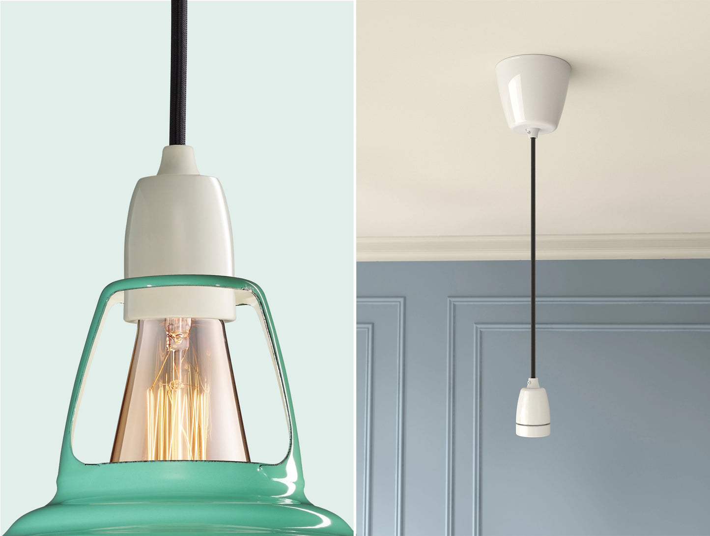 Close up of an E27 Porcelain suspension set on a Fresh Teal lampshade on the left. On the right, an E27 Porcelain pendant set is hanging from the ceiling