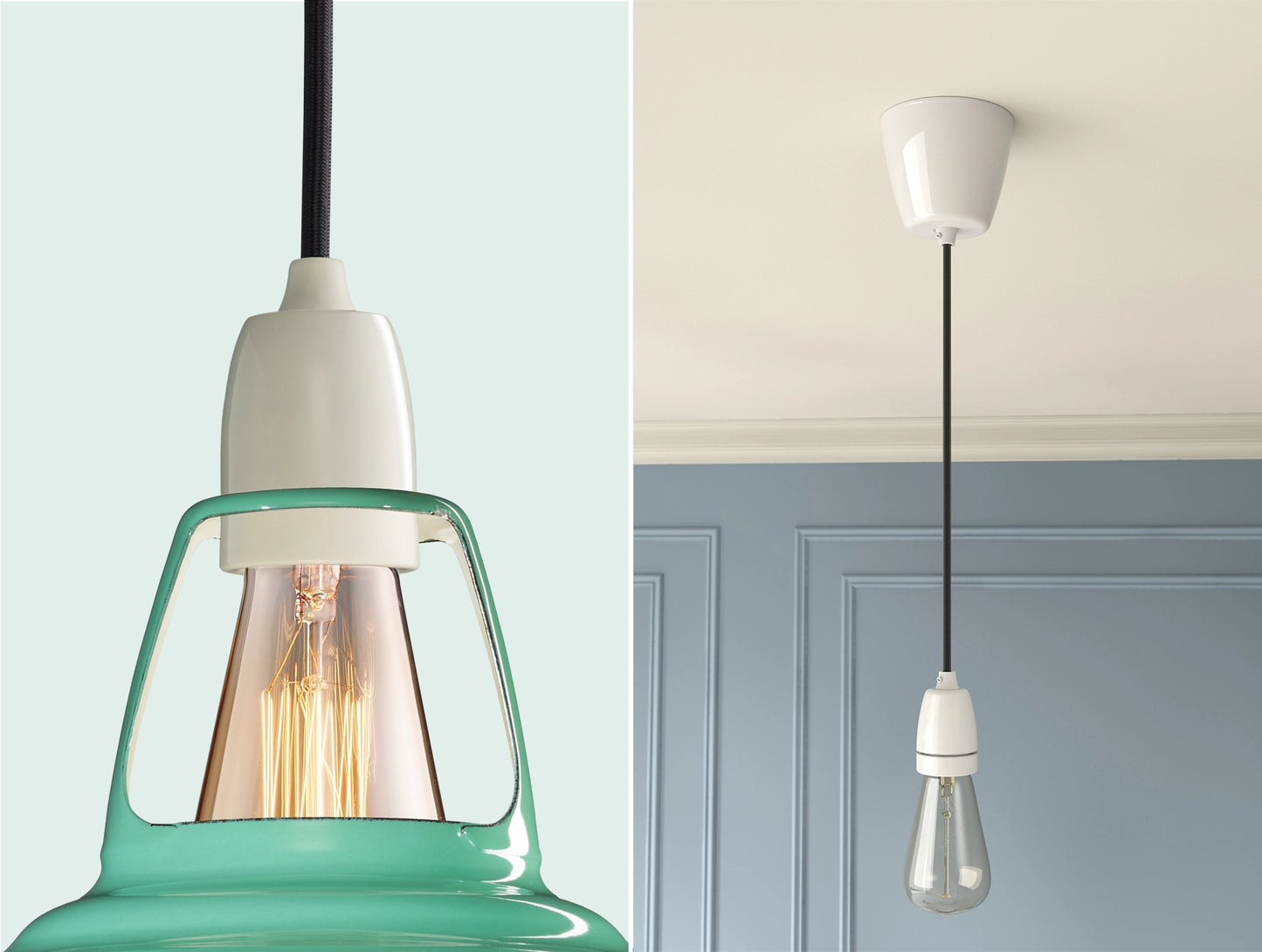 Close up of an E27 Porcelain suspension set on a Fresh Teal lampshade on the left. On the right, an E27 Porcelain pendant set with a lightbulb is hanging from the ceiling