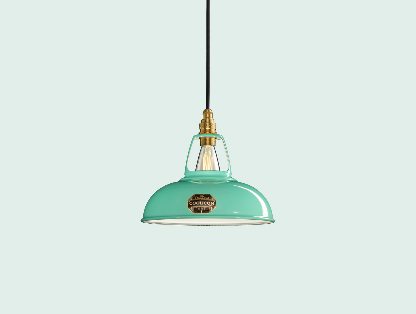 Fresh Teal Coolicon lampshade with a Porcelain pendant set over a light teal background