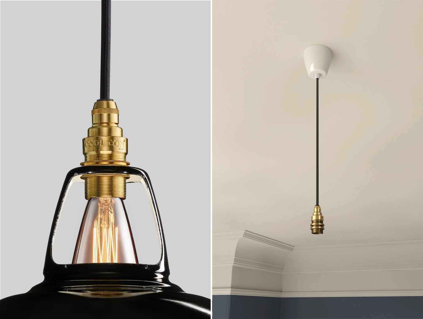 Close up of an E14 Brass suspension set on a Jet Black shade on the left. On the right, an E14 Brass pendant set is hanging from the ceiling 