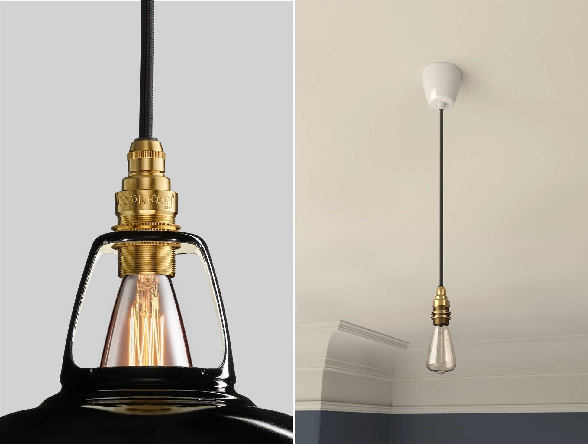 Close up of an E14 Brass suspension set on a Jet Black shade on the left. On the right, an E14 Brass pendant set with a lightbulb is hanging from the ceiling 