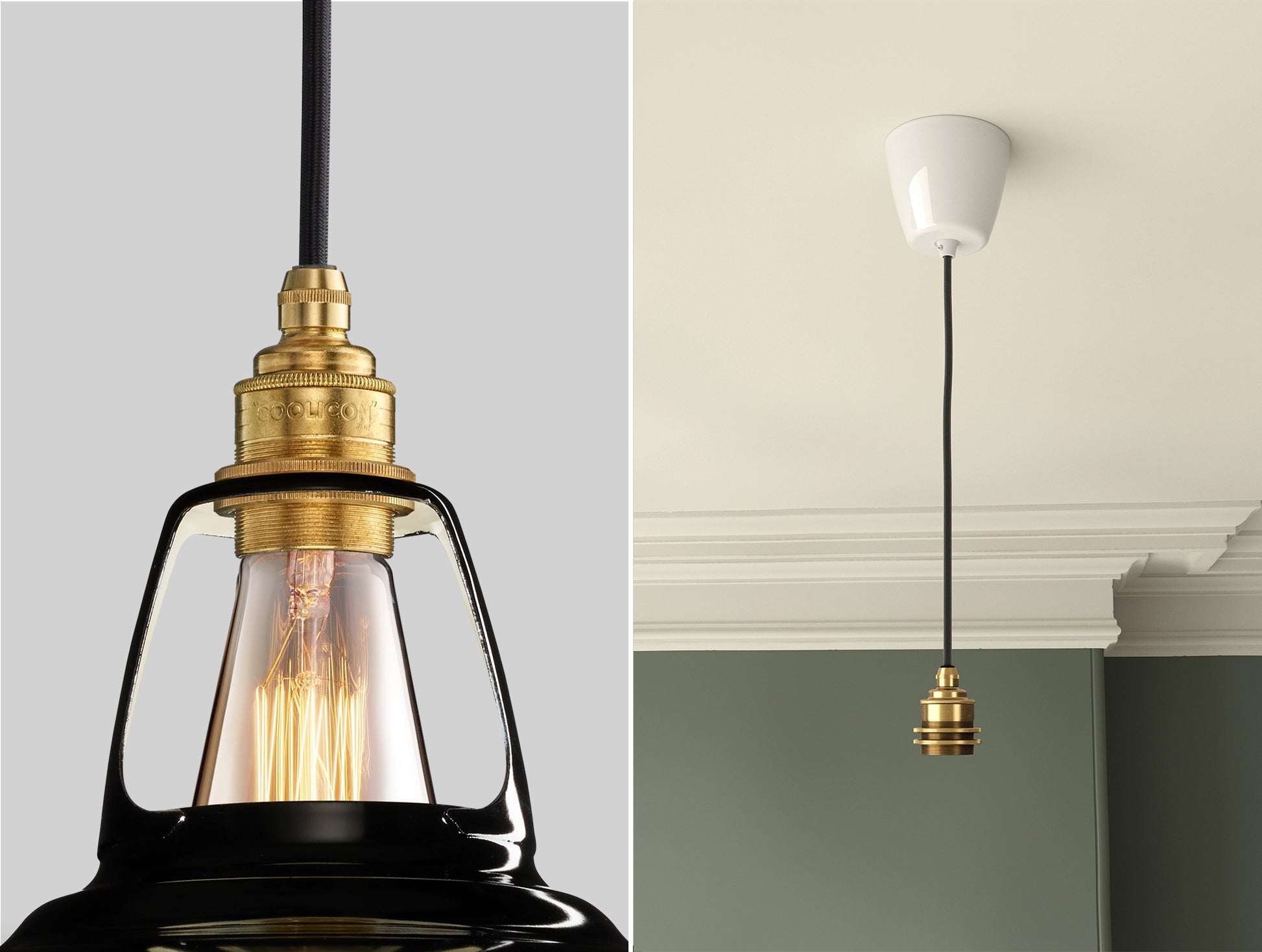 Close up of an E27 Brass suspension set on a Jet Black shade on the left. On the right, an E27 Brass pendant set is hanging from the ceiling 