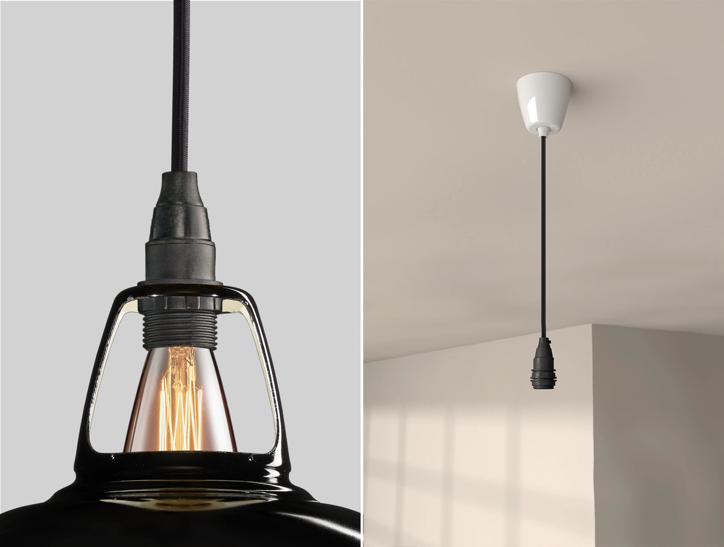 Close up of an E14 Industrial suspension set on a Jet Black lampshade on the left. On the right, an E14 Industrial pendant set is hanging from the ceiling