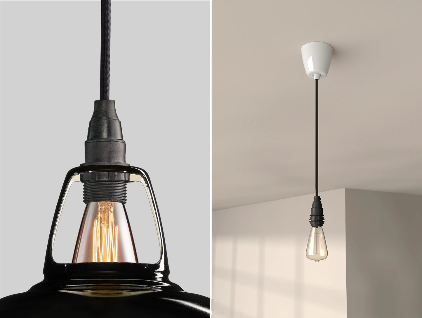Close up of an E14 Industrial suspension set on a Northern Line Black lampshade on the left. On the right, an E14 Industrial pendant set with a lightbulb is hanging from the ceiling