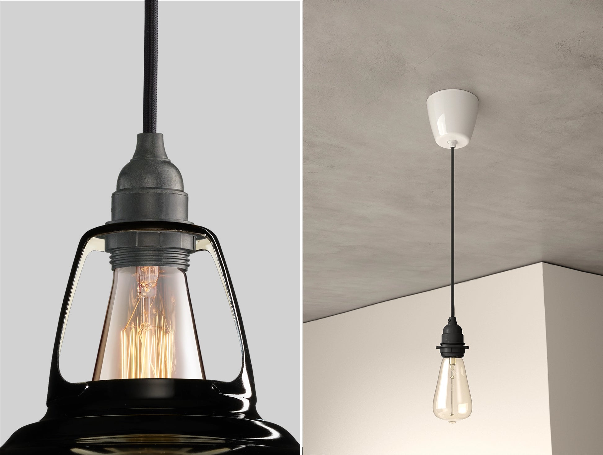 Close up of an E27 Industrial suspension set on a Jet Black lampshade on the left. On the right, an E27 Industrial pendant set with a lightbulb is hanging from the ceiling