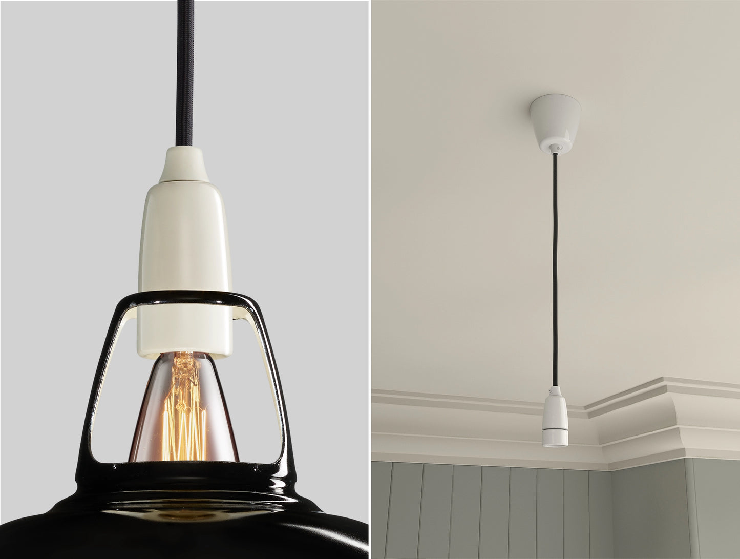 Close up of an E14 Porcelain suspension set on a Jet Black lampshade on the left. On the right, an E14 Porcelain pendant set is hanging from the ceiling