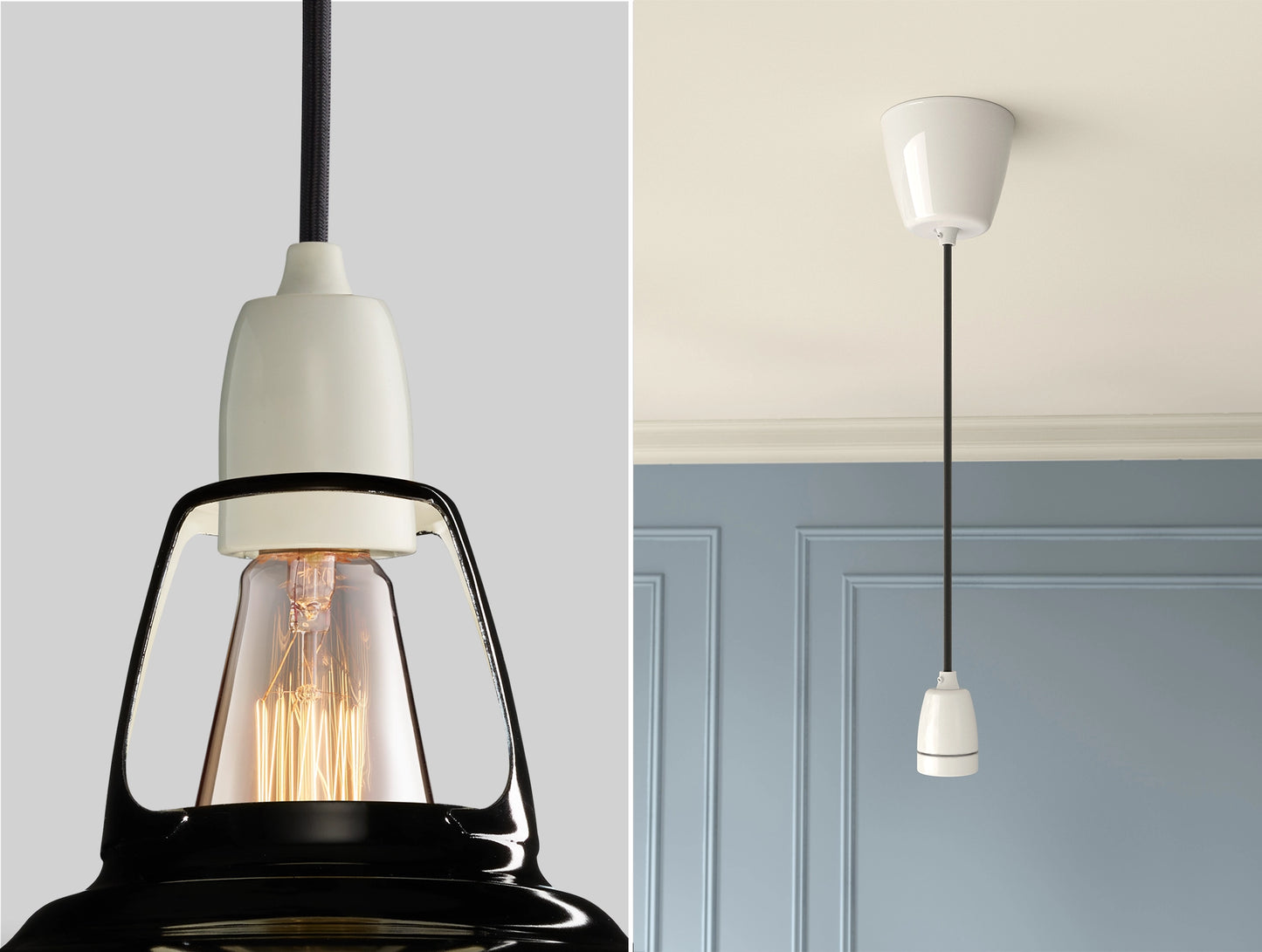 Close up of an E27 Porcelain suspension set on a Jet Black lampshade on the left. On the right, an E27 Porcelain pendant set is hanging from the ceiling