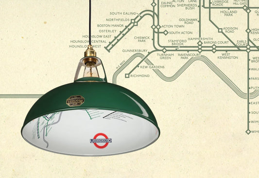A Large District Line Green shade over a paper texture with the London Underground map