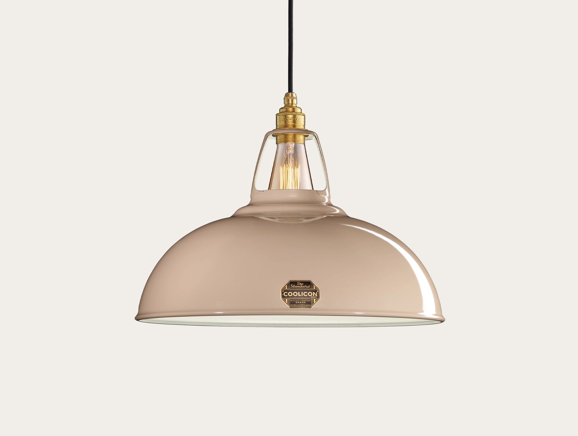 Large Latte Brown Coolicon lampshade with a Porcelain pendant set over a light grey background