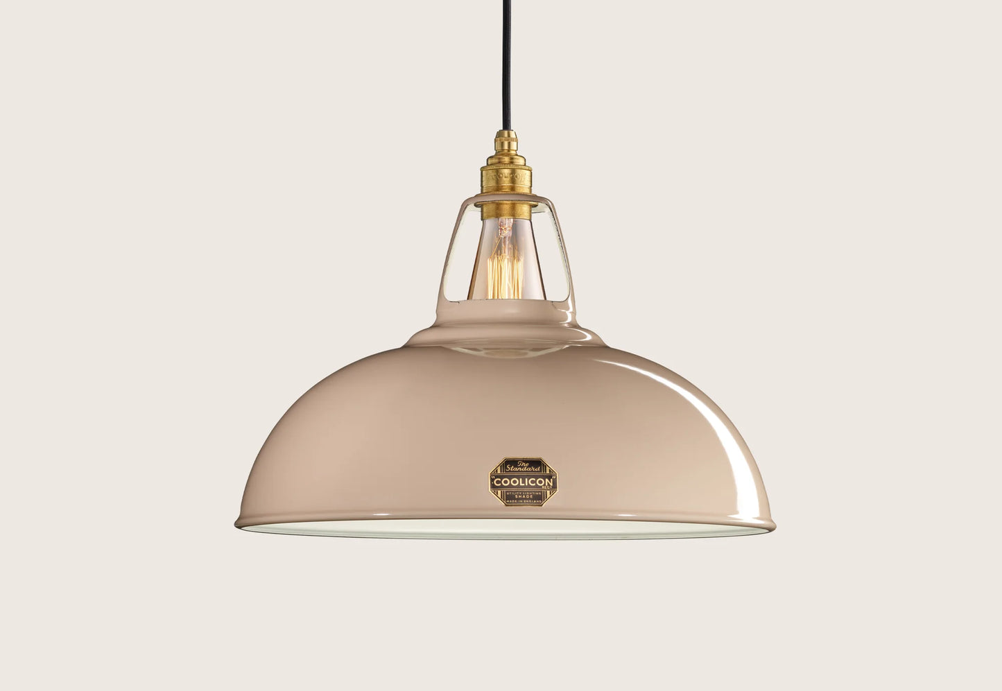Large Latte Brown Coolicon lampshade with a Porcelain pendant set over a light grey background