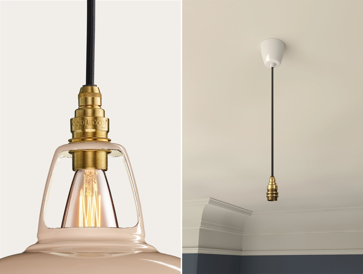 Close up of an E14 Signature Brass suspension set on a Latte Brown lampshade on the left. On the right, an E14 Brass pendant set is hanging from the ceiling