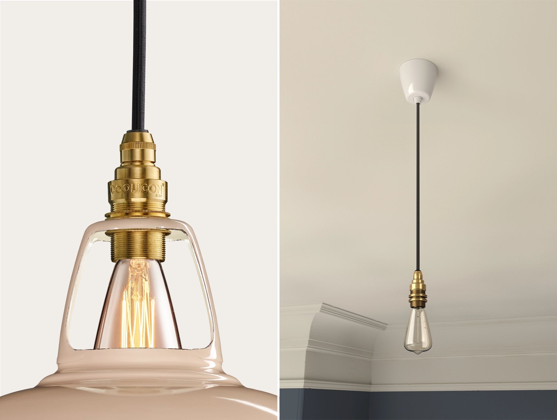 Close up of an E14 Signature Brass suspension set on a Latte Brown lampshade on the left. On the right, an E14 Brass pendant set with a lightbulb is hanging from the ceiling