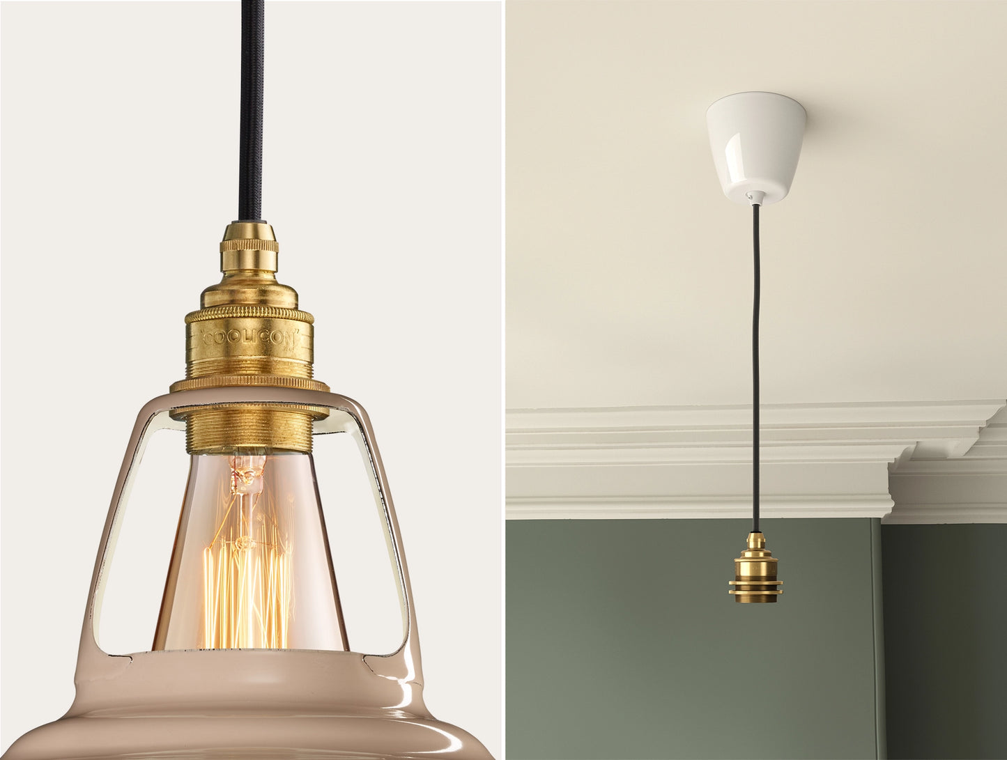 Close up of an E27 Signature Brass suspension set on a Latte Brown lampshade on the left. On the right, an E27 Brass pendant set is hanging from the ceiling