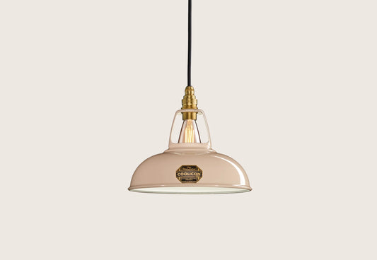 Latte Brown Coolicon lampshade with a Porcelain pendant set over a light grey background