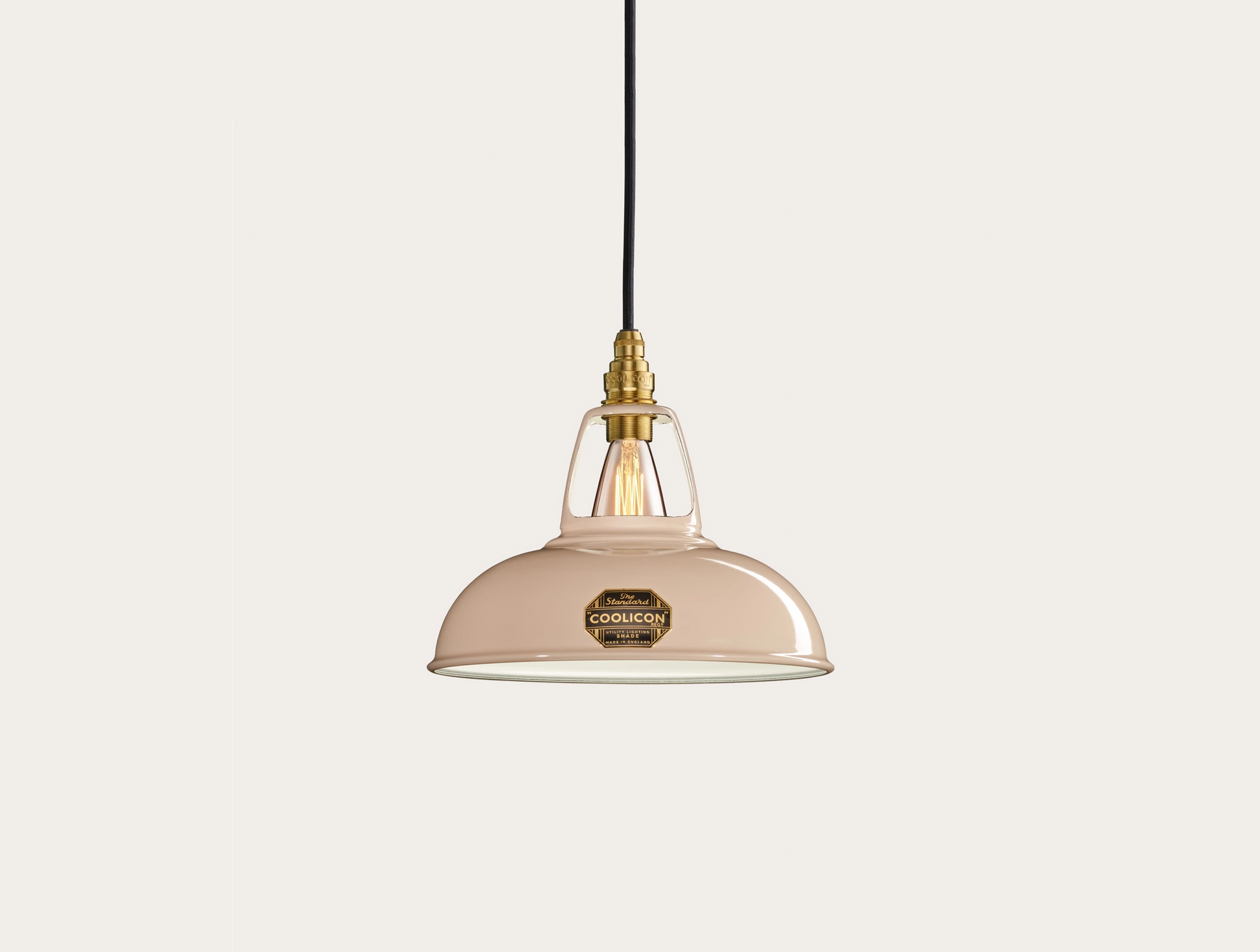 Latte Brown Coolicon lampshade with a Porcelain pendant set over a light grey background
