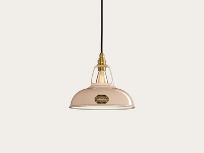 Latte Brown Coolicon lampshade with a Brass pendant set over a light grey background