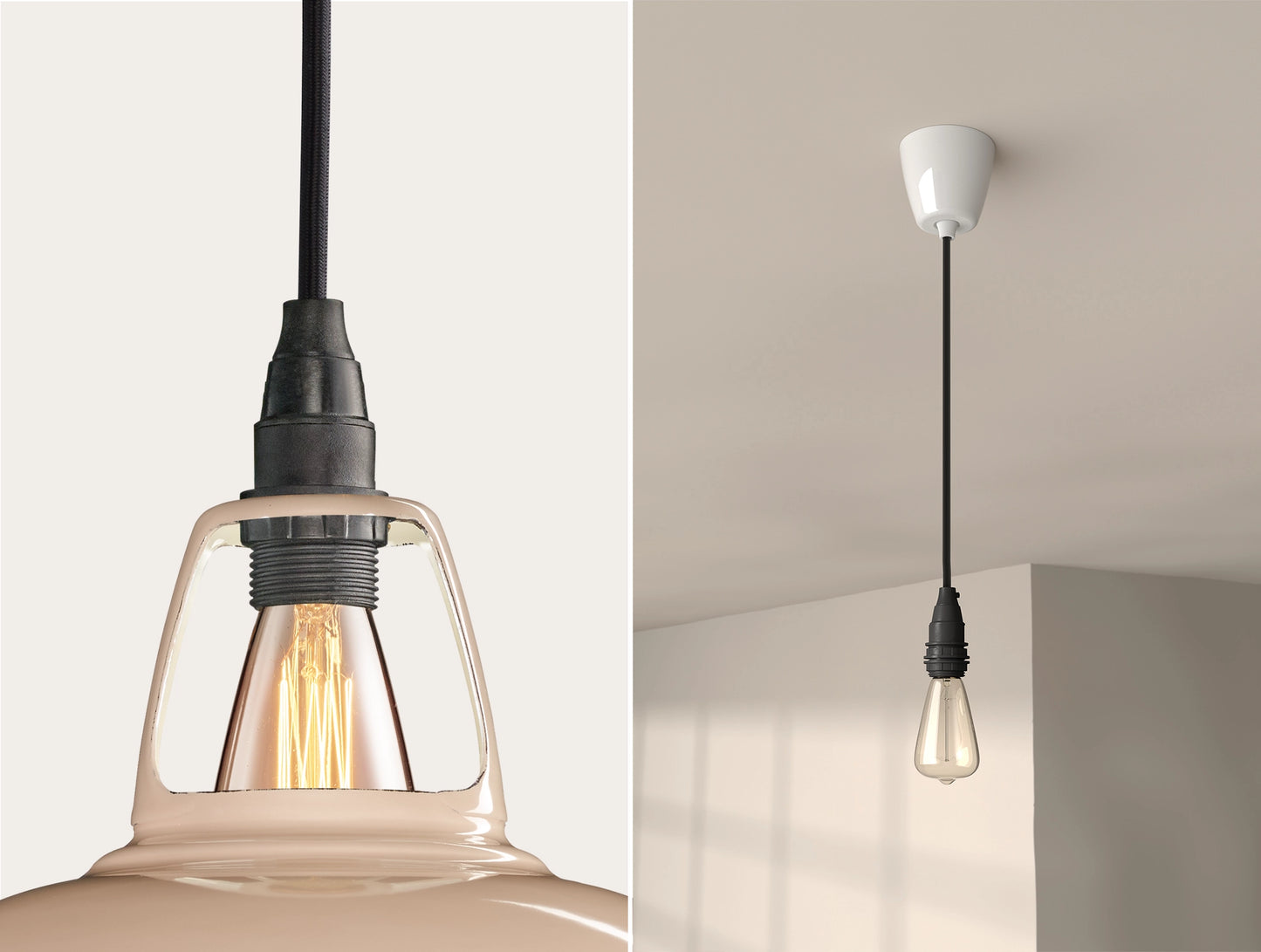 Close up of an E14 Industrial suspension set on a Latte Brown lampshade on the left. On the right, an E14 Industrial pendant set with a lightbulb is hanging from the ceiling