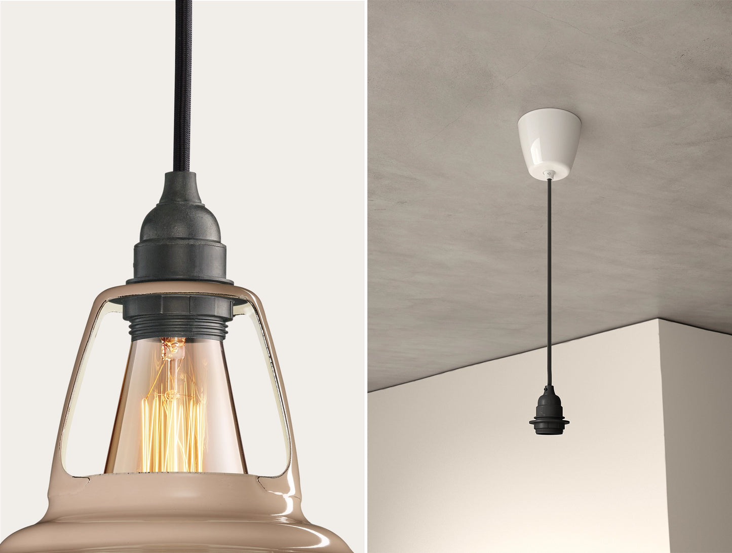 Close up of an E27 Industrial suspension set on a Latte Brown lampshade on the left. On the right, an E27 Industrial pendant set is hanging from the ceiling