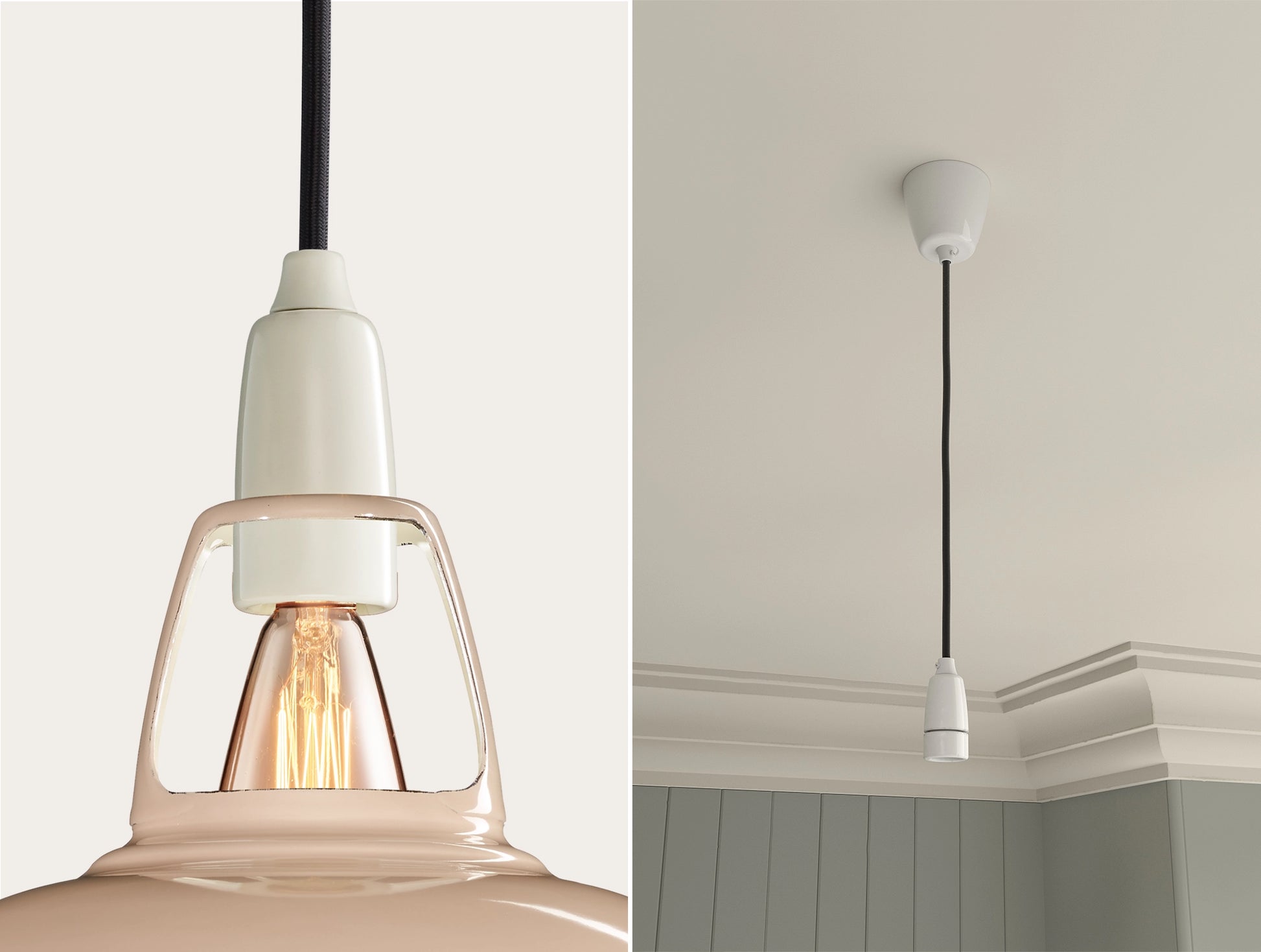 Close up of an E14 Porcelain suspension set on a Latte Brown lampshade on the left. On the right, an E14 Porcelain pendant set is hanging from the ceiling