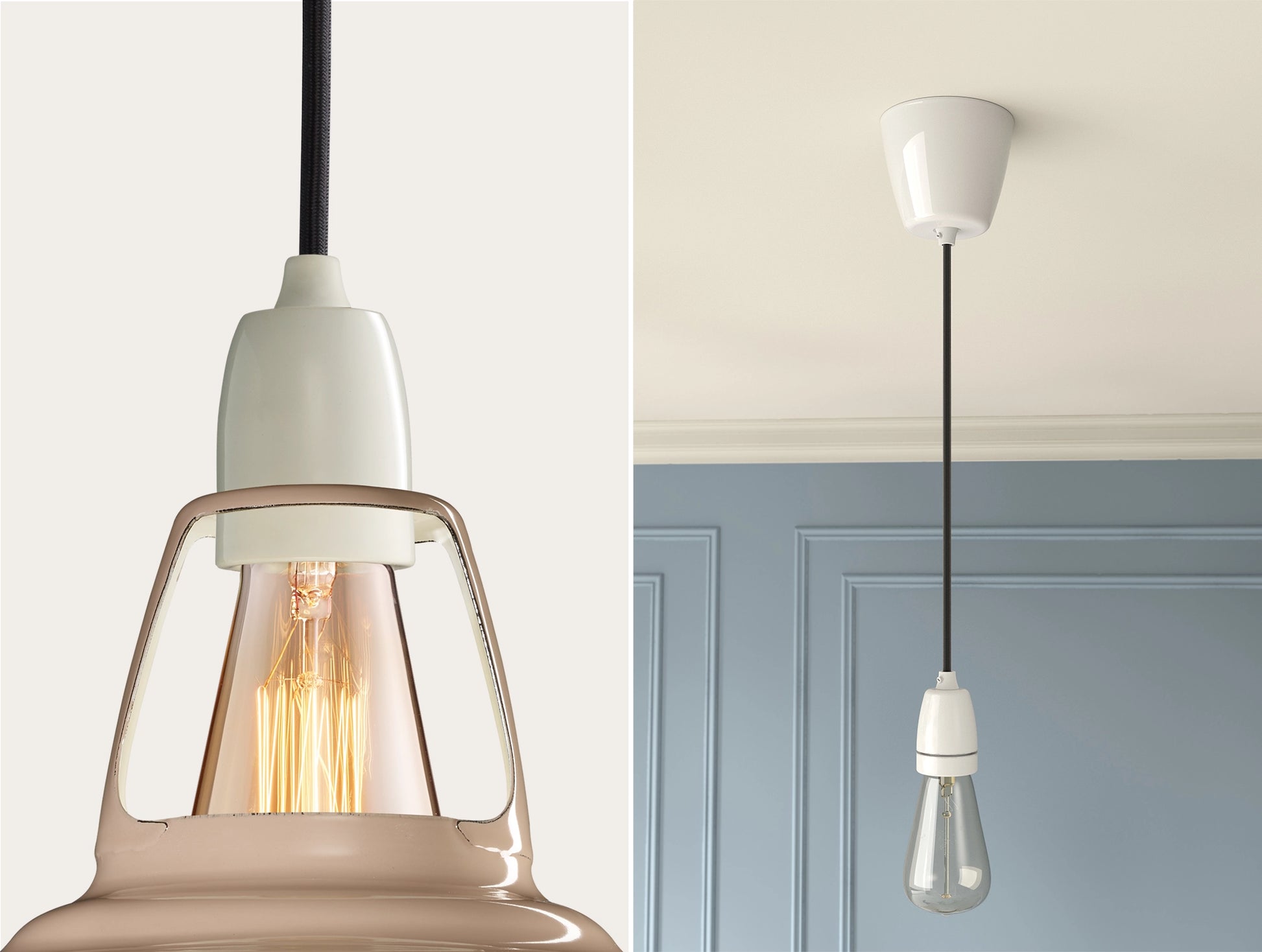 Close up of an E27 Porcelain suspension set on a Latte Brown lampshade on the left. On the right, an E27 Porcelain pendant set with a lightbulb is hanging from the ceiling