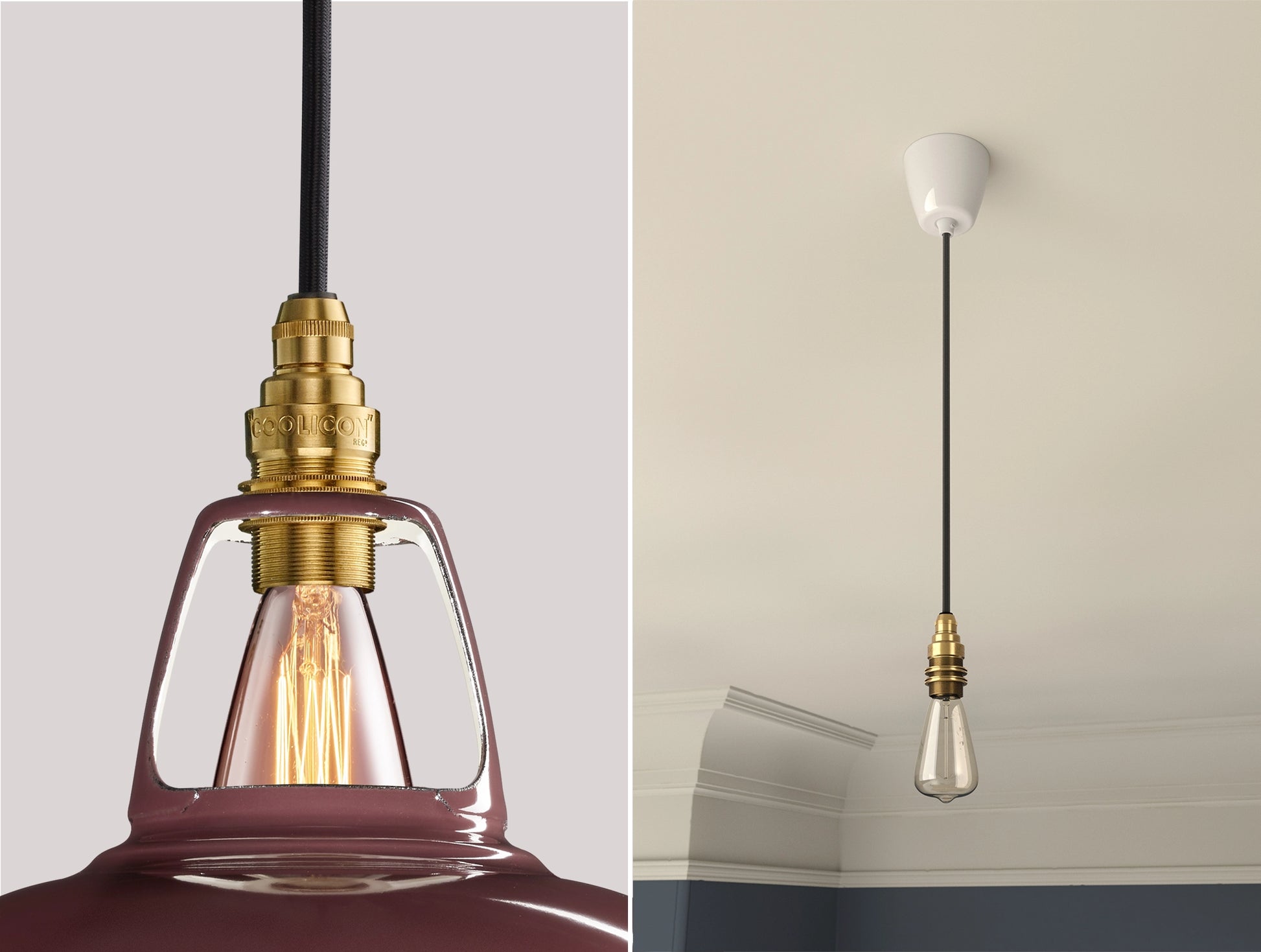 Close up of an E14 Signature Brass suspension set on a Metropolitan lampshade on the left. On the right, an E14 Brass pendant set with a lightbulb is hanging from the ceiling
