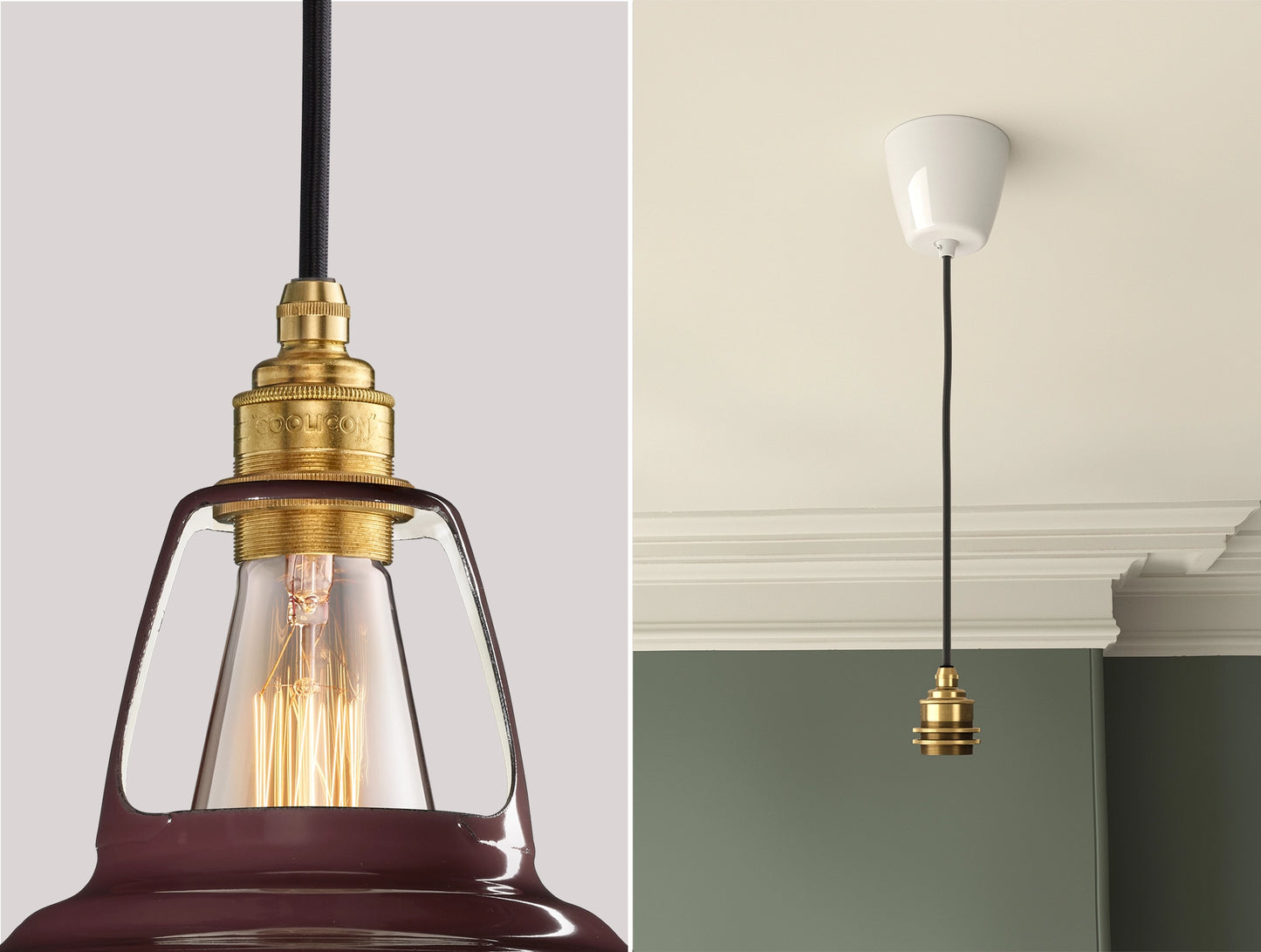 Close up of an E27 Signature Brass suspension set on a Metropolitan lampshade on the left. On the right, an E27 Brass pendant set is hanging from the ceiling