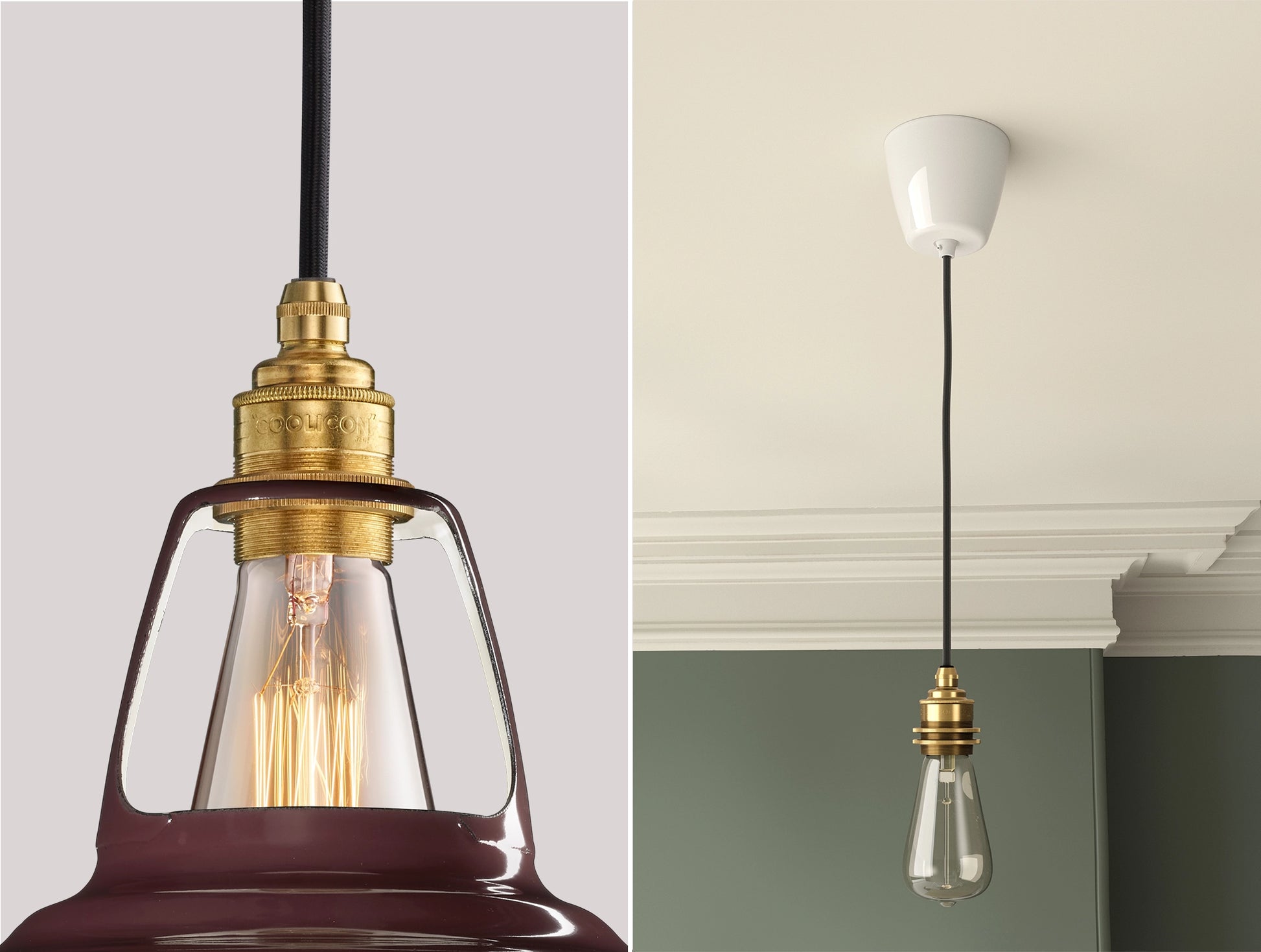 Close up of an E27 Signature Brass suspension set on a Metropolitan lampshade on the left. On the right, an E27 Brass pendant set with a lightbulb is hanging from the ceiling