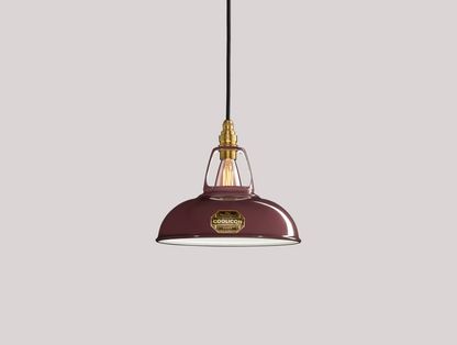 Metropolitan purple Coolicon lampshade with a Signature Brass pendant set over a light purple background