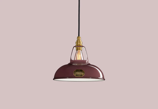 Metropolitan purple Coolicon lampshade with a Signature Brass pendant set over a light purple background