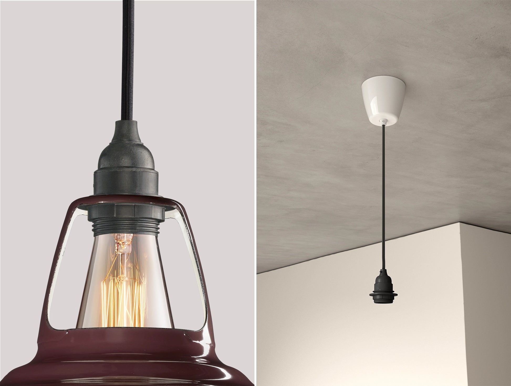 Close up of an E27 Industrial suspension set on a Metropolitan lampshade on the left. On the right, an E27 Industrial pendant set is hanging from the ceiling
