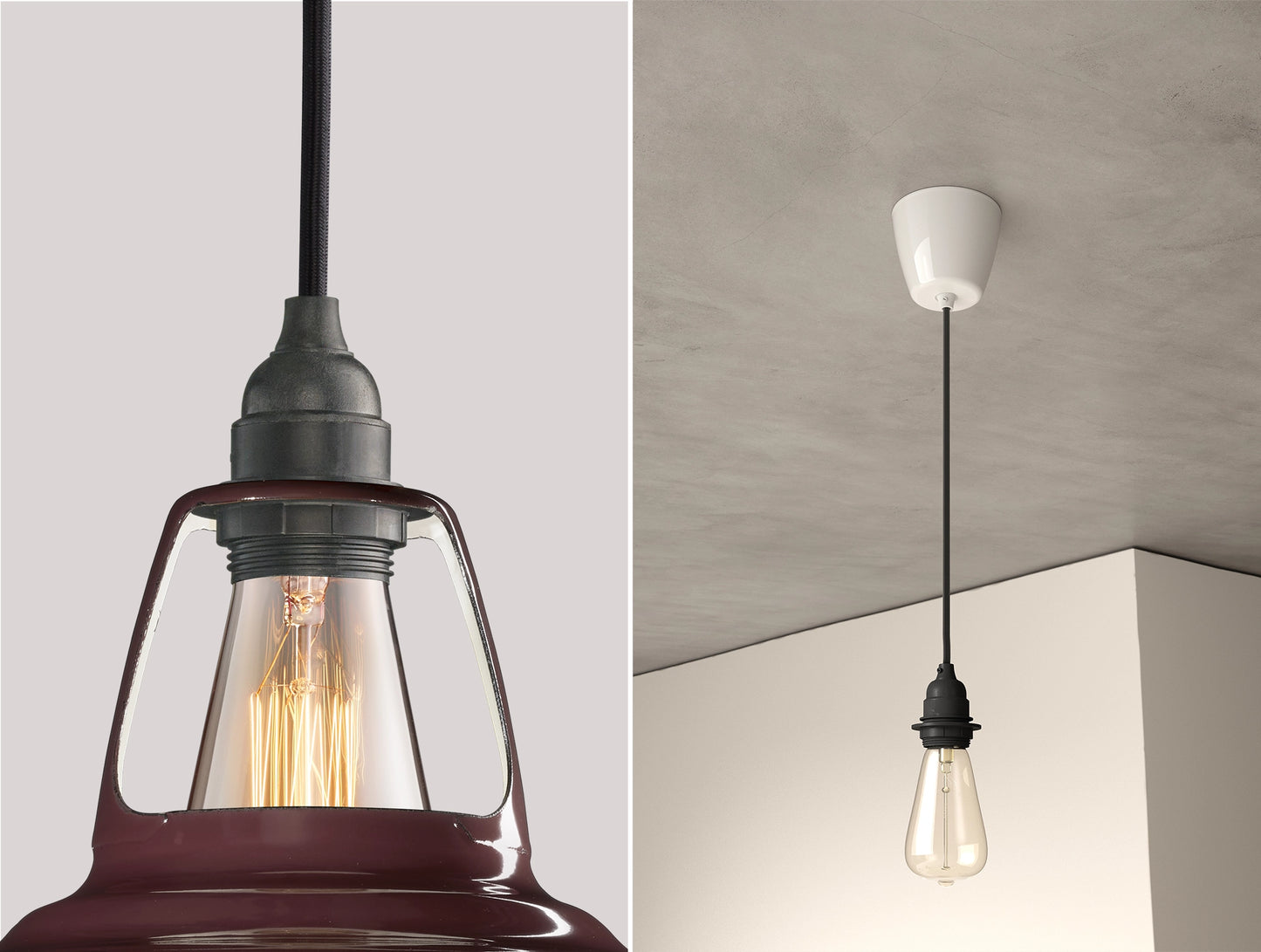 Close up of an E27 Industrial suspension set on a Metropolitan lampshade on the left. On the right, an E27 Industrial pendant set with a lightbulb is hanging from the ceiling