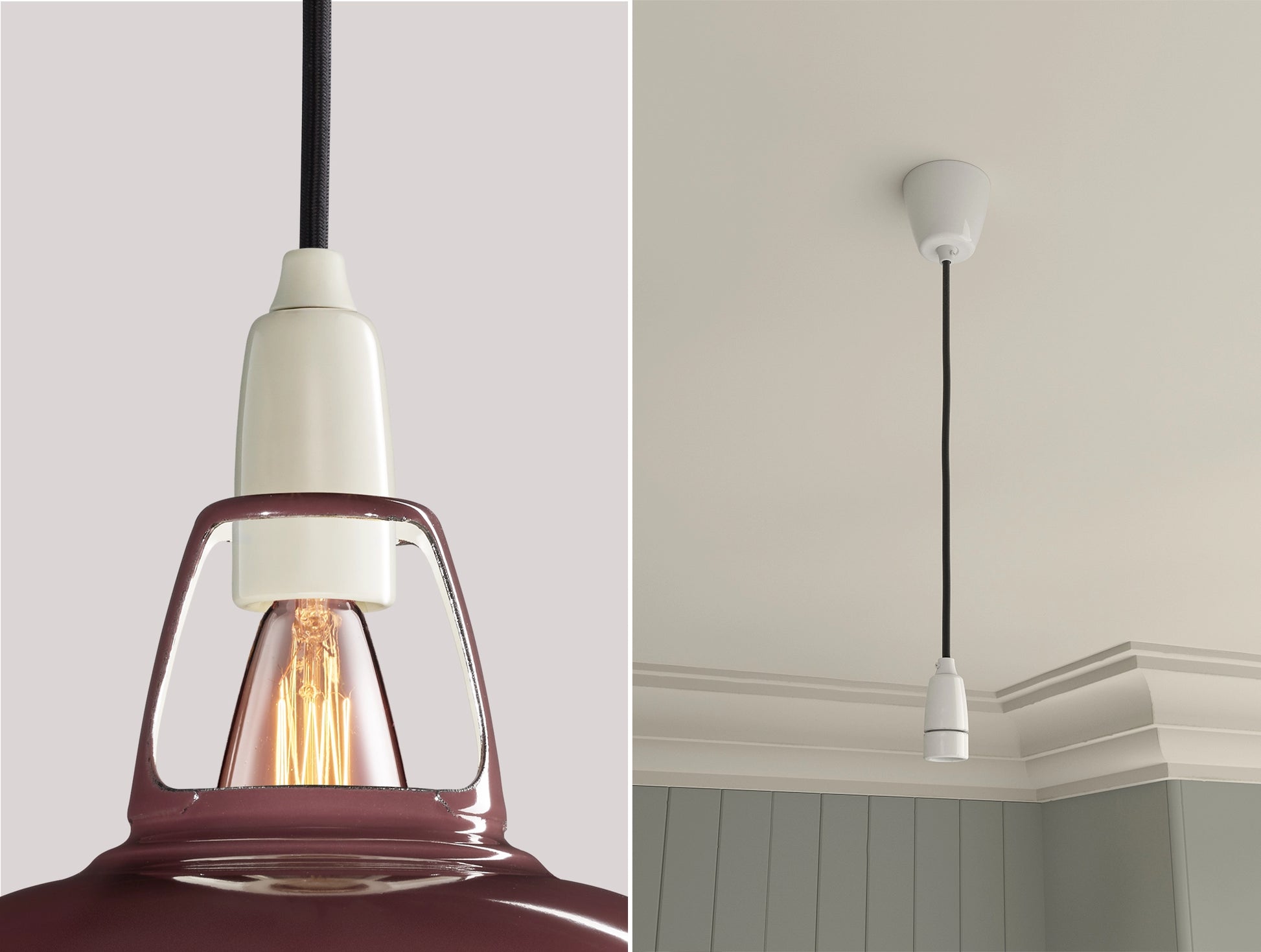 Close up of an E14 Porcelain suspension set on a Metropolitan lampshade on the left. On the right, an E14 Porcelain pendant set is hanging from the ceiling