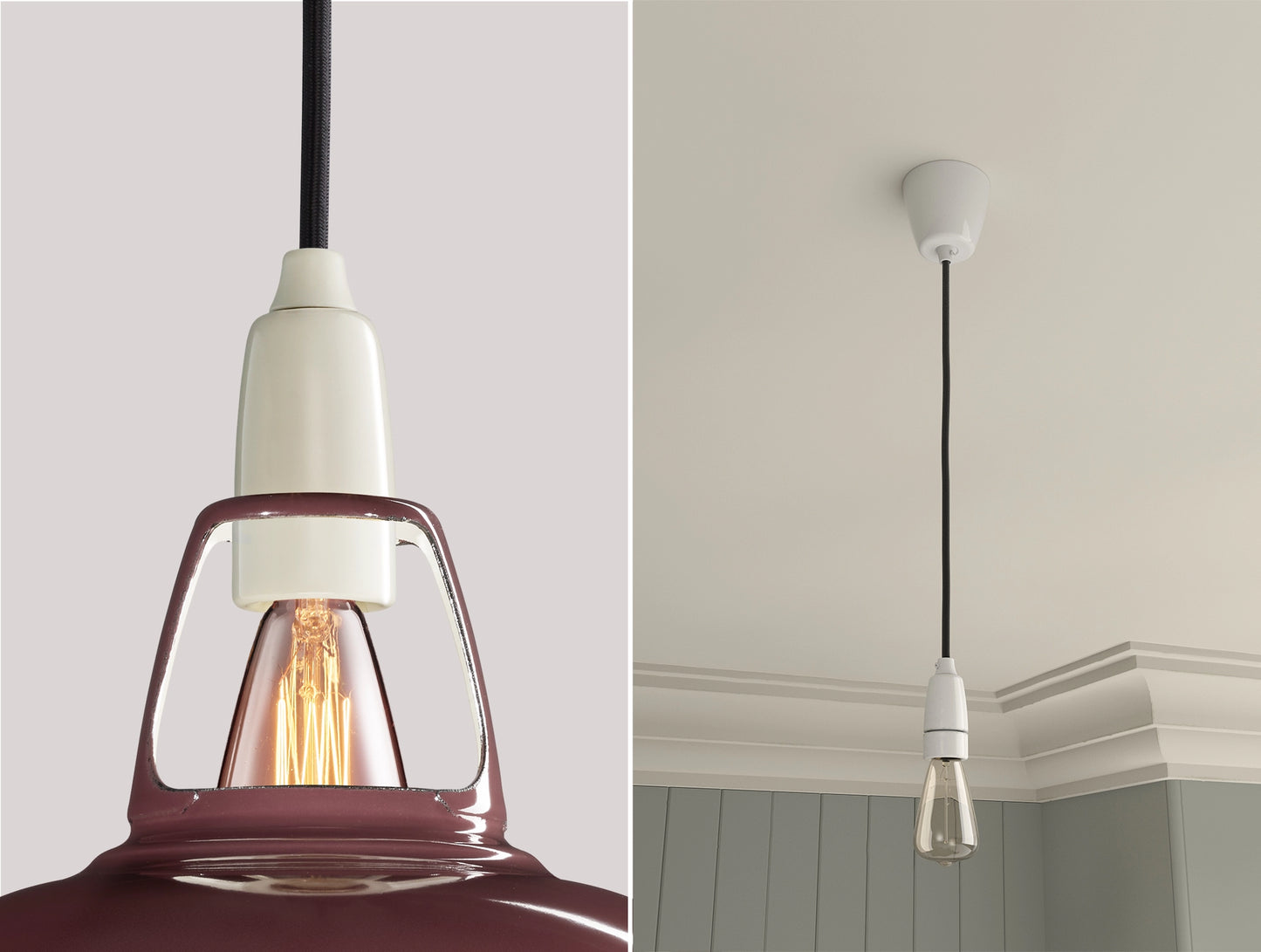 Close up of an E14 Porcelain suspension set on a Metropolitan lampshade on the left. On the right, an E14 Porcelain pendant set with a lightbulb is hanging from the ceiling
