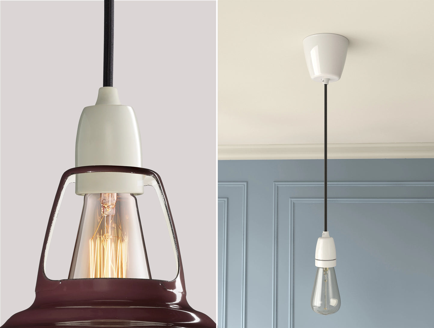 Close up of an E27 Porcelain suspension set on a Metropolitan lampshade on the left. On the right, an E27 Porcelain pendant set with a lightbulb is hanging from the ceiling