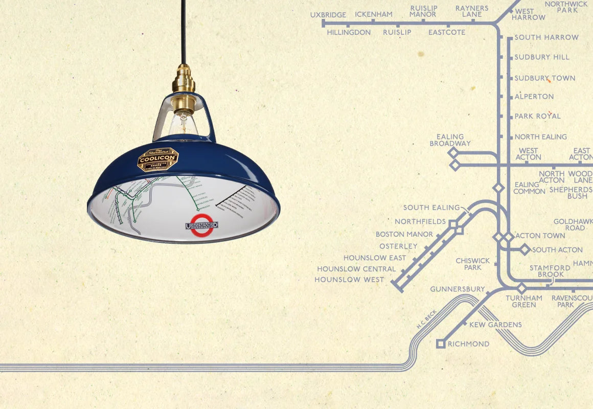 An Original Piccadilly Line Blue shade over a paper texture with the London Underground map