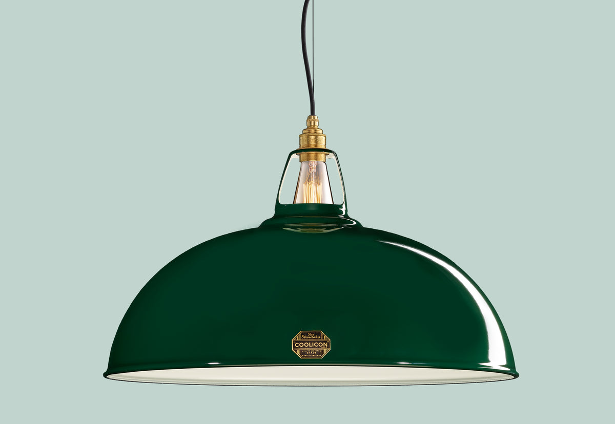 Extra Large Green Coolicon Pendant Enamel Light with a Brass Pendant set and incandescent squirrel cage light bulb