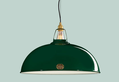 Extra Large Green Coolicon Pendant Enamel Light with a Brass Pendant set and incandescent squirrel cage light bulb