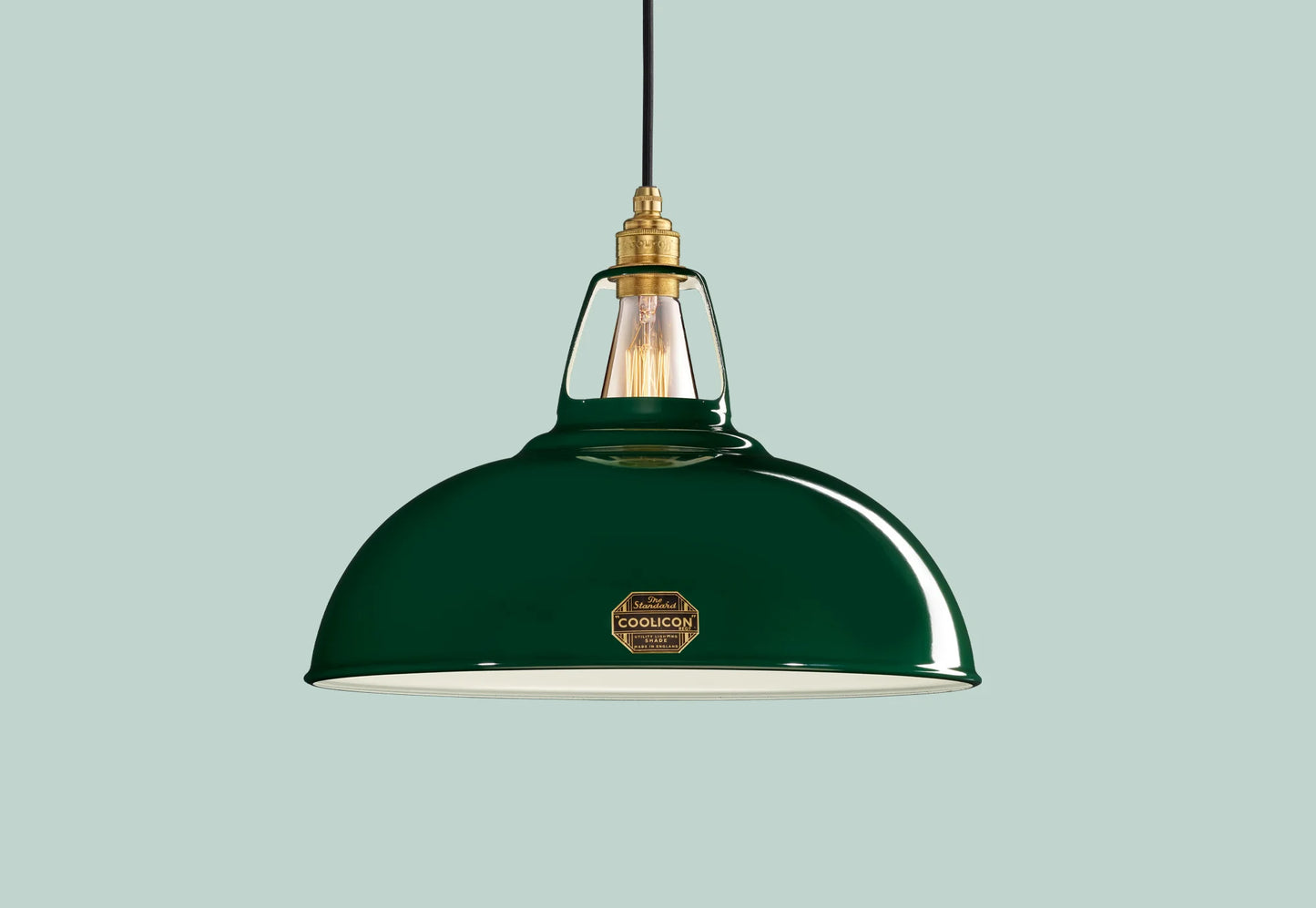 Large Green Coolicon lampshade with a Signature Brass pendant set over a light green background